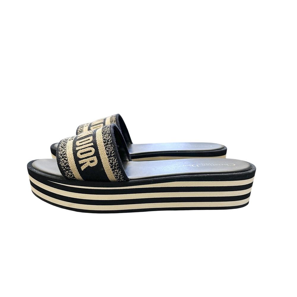 Christian Dior Dway Blue Toile Logo Platform Slides Wedge Sandals Size 39.5